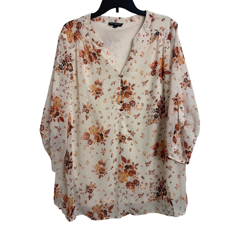 Sara Michelle Floral Chiffon Blouse 2X Cream Orange Brown 3/4 Sleeve‎